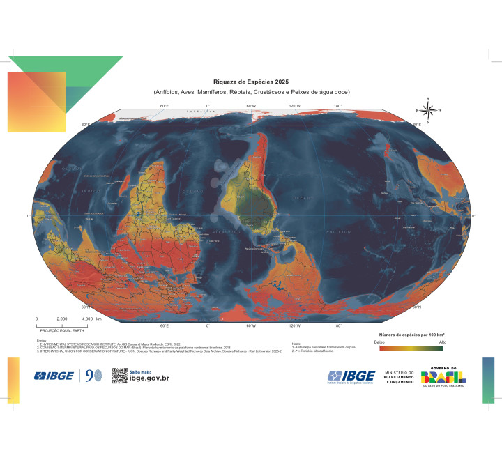 Mapa Mundi biodiversidade Riqueza de Espécies 2025 (Anfíbios, Aves, Mamíferos, Répteis, Crustáceos e Peixes de água doce) - Modelo A0 - 1189 cm (c) x 84 cm (a)